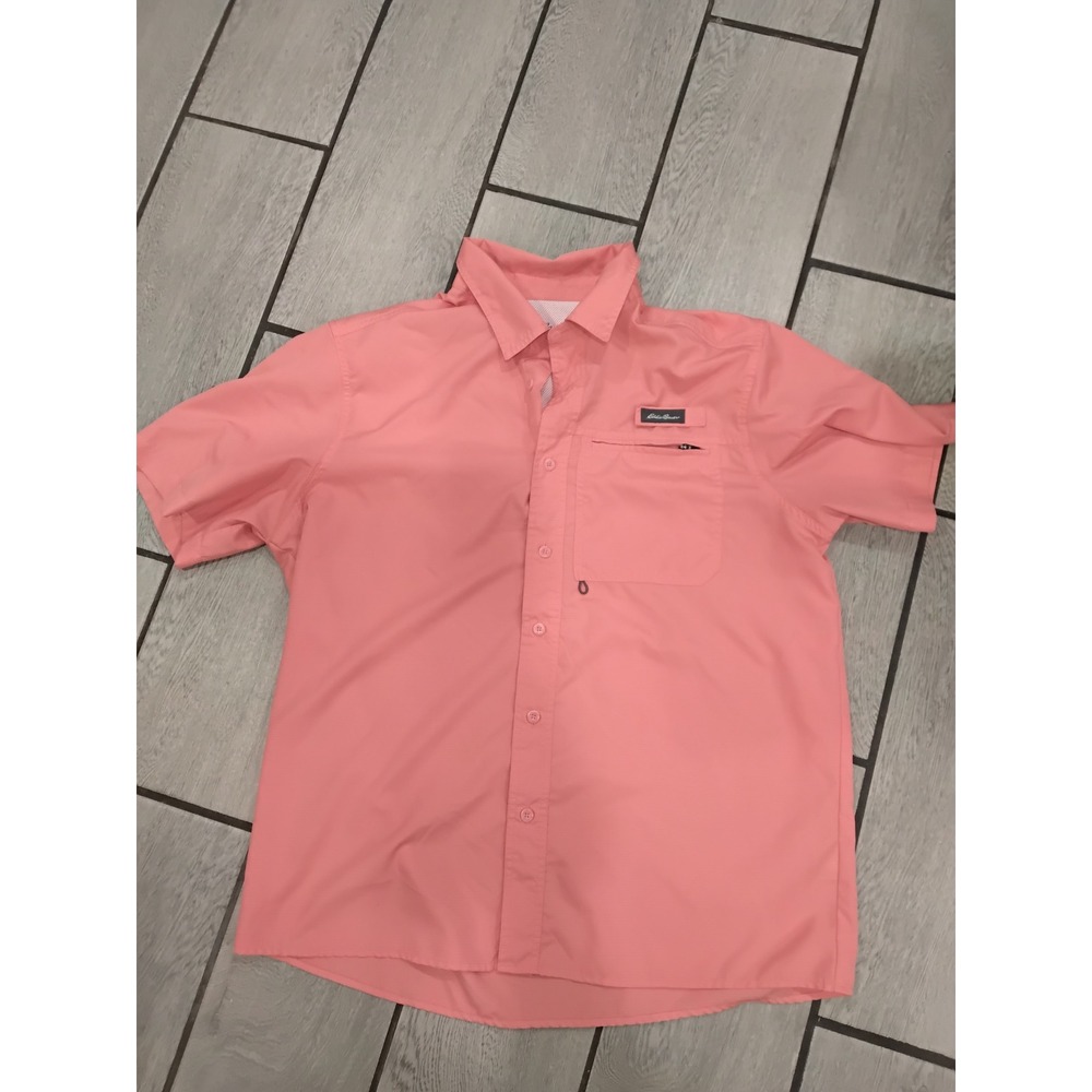 Eddie Bauer Mens Large Coral Pink Short Sleeve Fishing Hiking Shirt Mesh Vent